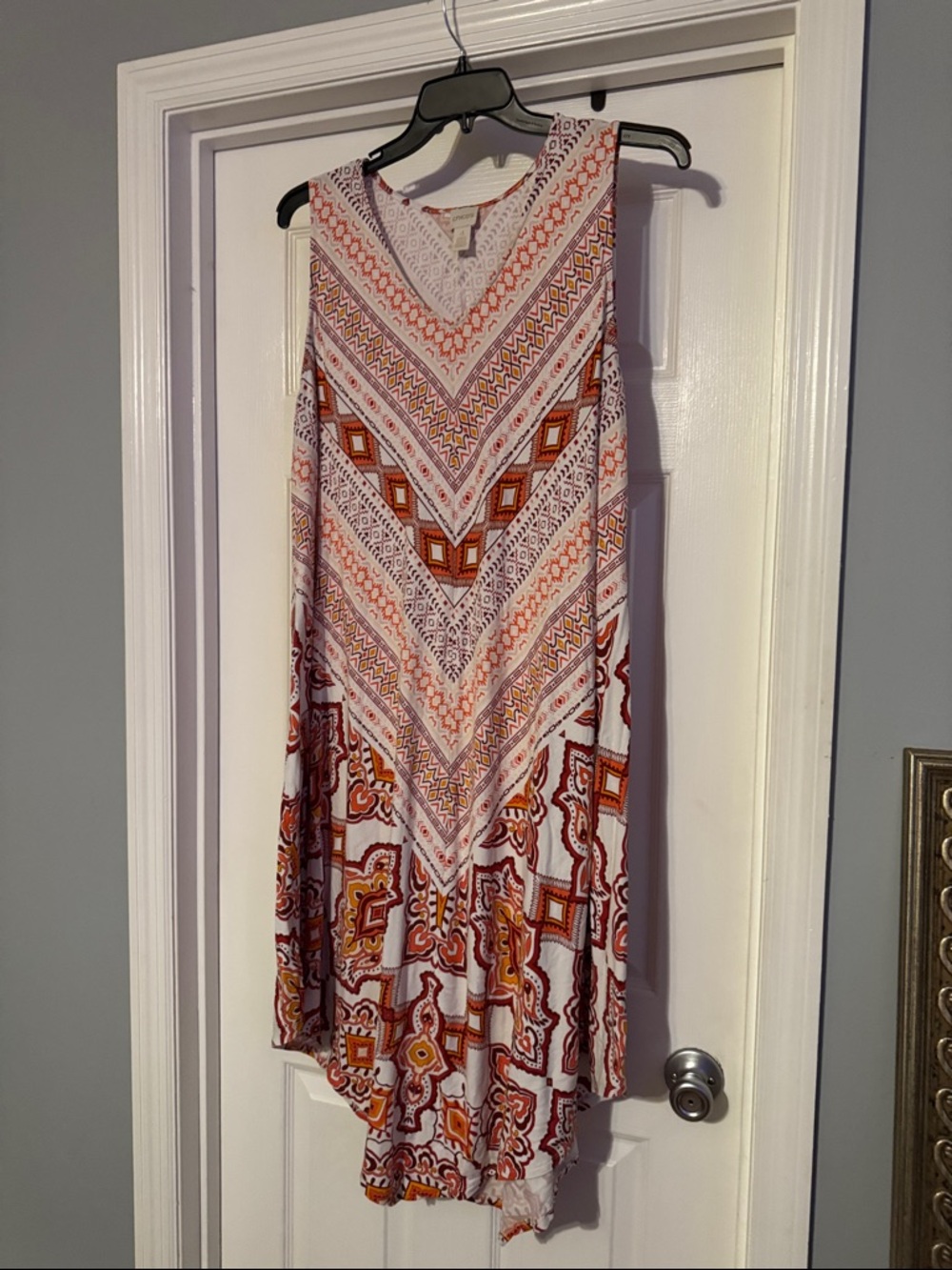 Chico's White, Orange & Tan Patterned Sleeveless Maxi Dress